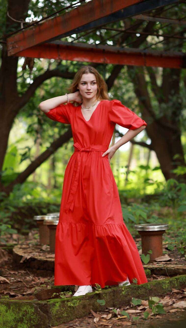NEW MAUDE VIVANTE melina v neck tiered dress in chilli